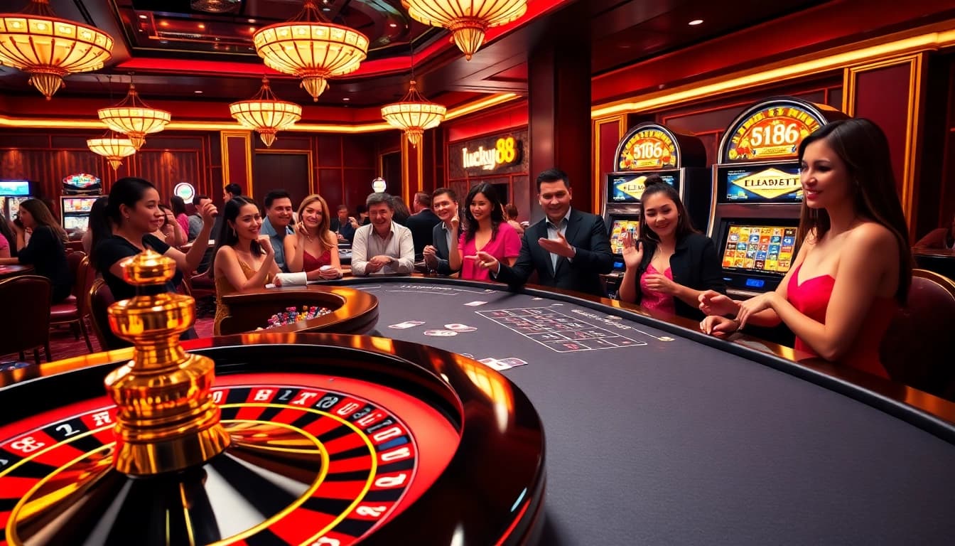 Exciting scene of players enjoying games at lucky88 casino with vivid tables and roulette wheel.