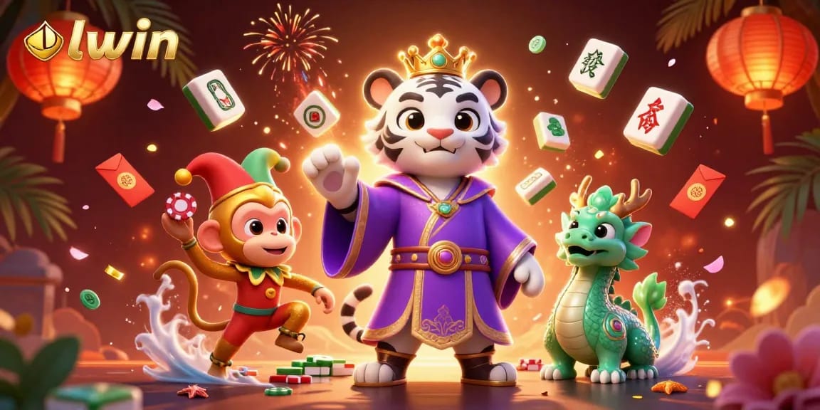 Engage in thrilling games at llwin, featuring a majestic white tiger and lively characters amongst vibrant casino elements.