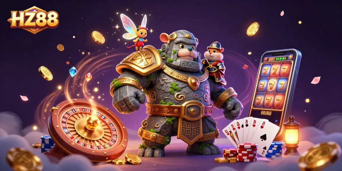 Experience HZ88's vibrant gaming world with cascading coins, a magical golem, and thrilling casino elements.