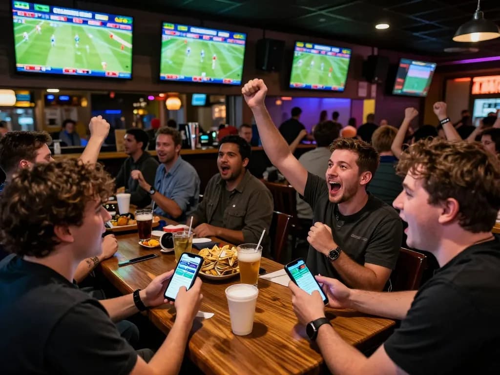 Exciting sports betting at https://98win8.co.com/ with fans cheering and mobile app usage in a lively setting.