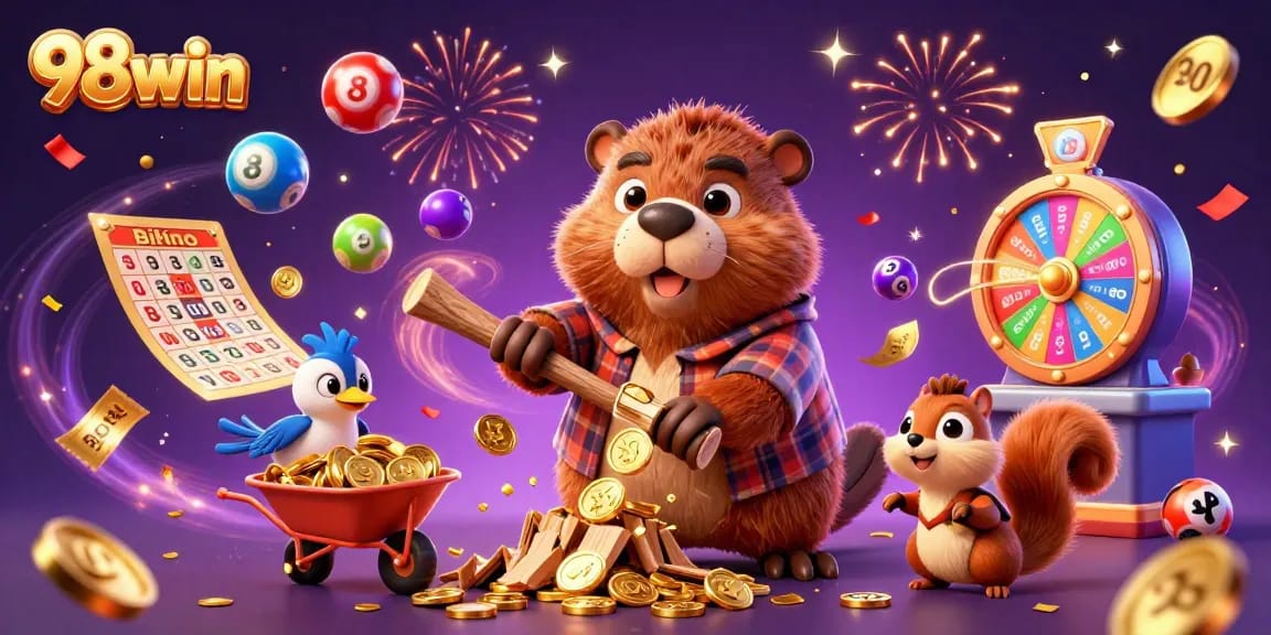 Experience thrilling wins at 98win with golden coins raining down in an exciting casino illustration.