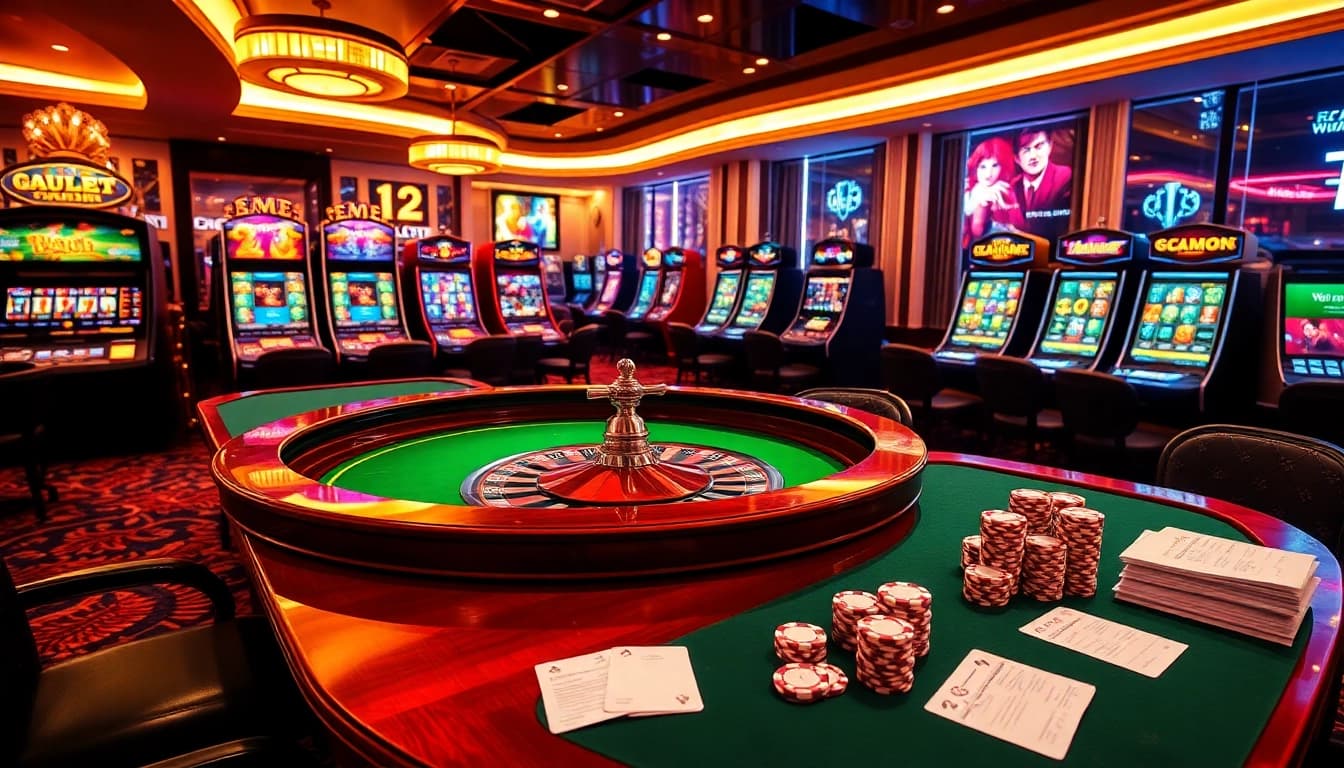 Experience the thrill of 123win bet at a luxurious casino, showcasing roulette, cards, and colorful chips.