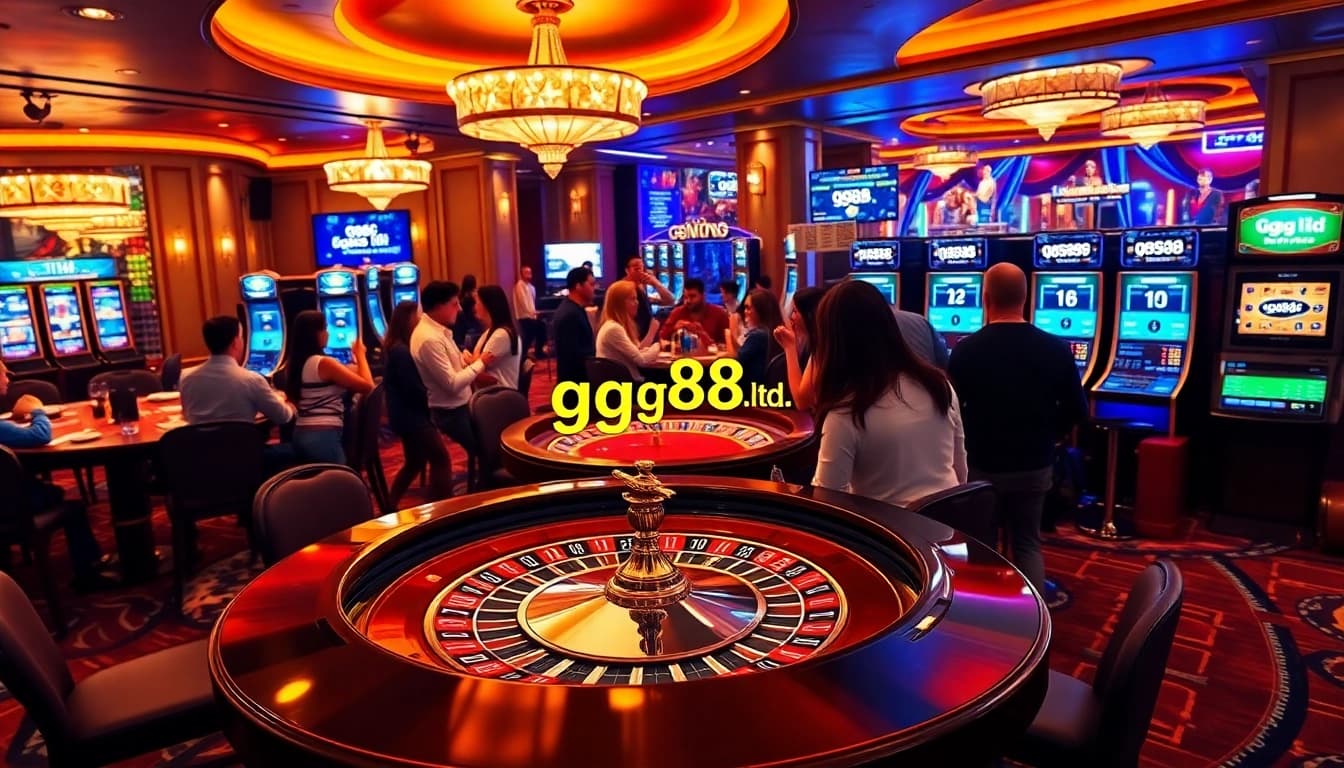 Gamblers enjoying a luxurious experience at gg88.ltd online casino with roulette and slots.