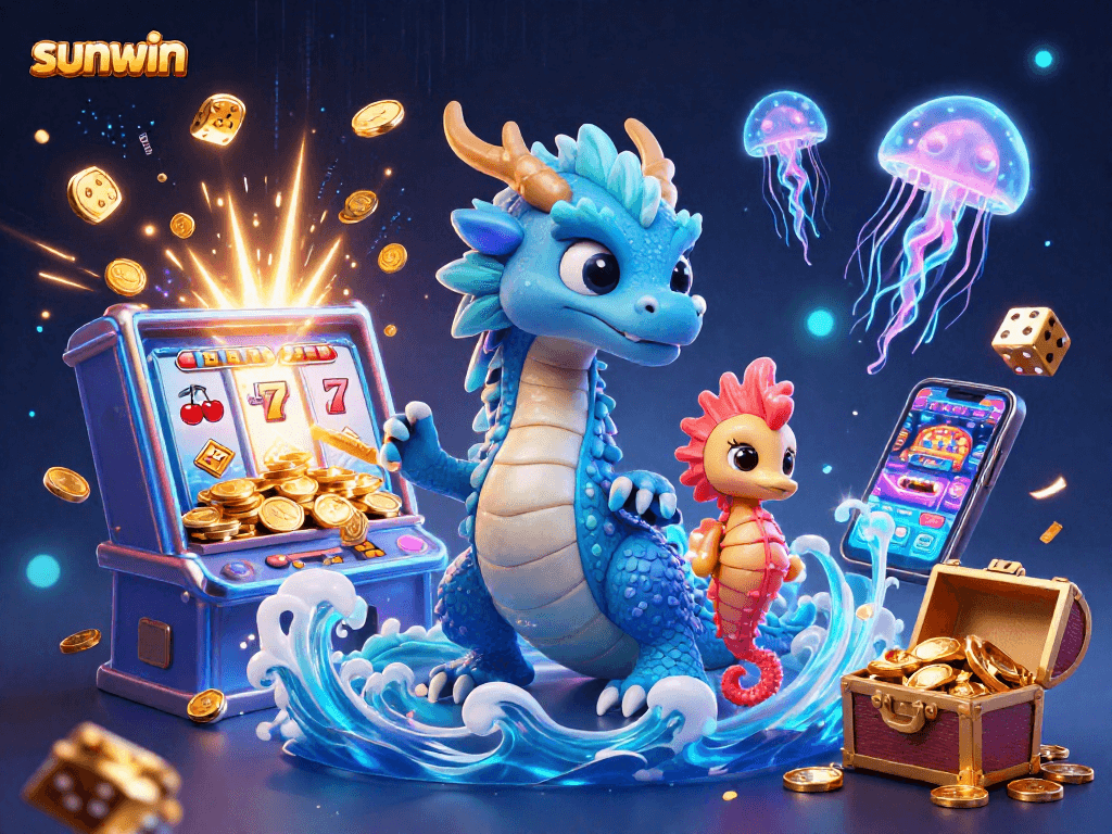 Experience the excitement of sunwin in this vibrant 3D casino scene featuring a water dragon and slot machine.