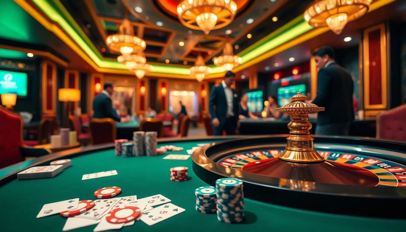 Engaging game bài scene with players strategizing at a luxurious casino table, showcasing excitement.