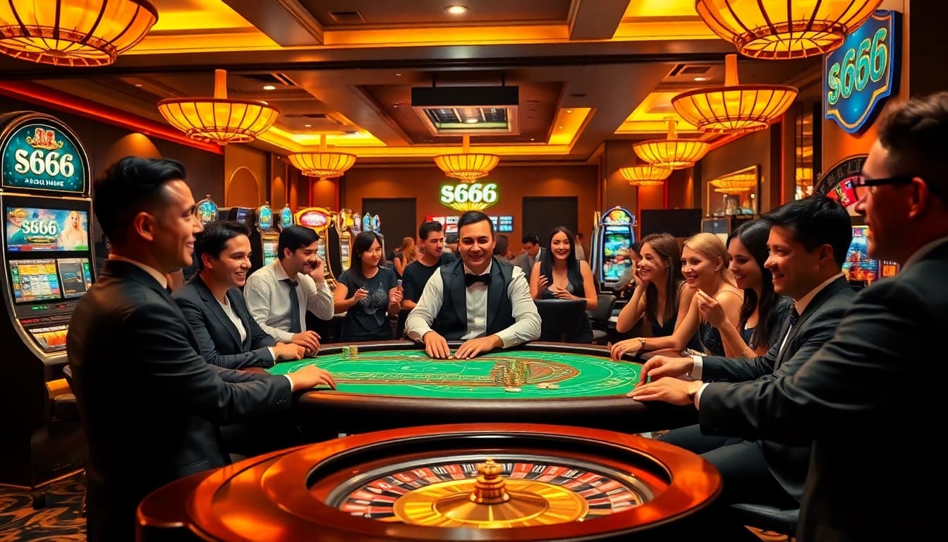 Gambling excitement with players at s666 casino tables featuring cards and slot machines.