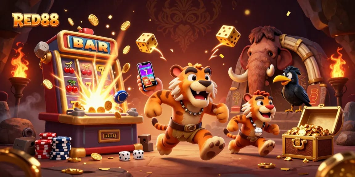 RED88 casino experience with caveman and sabertooth duo showcasing thrilling gaming action in an immersive 3D scene.
