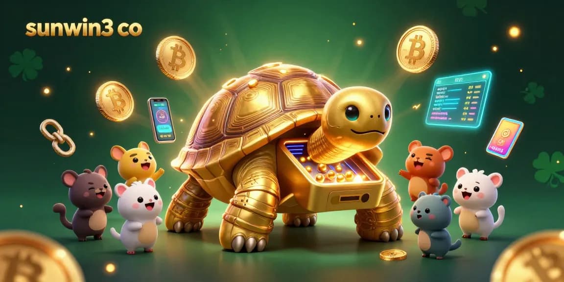 Engage in thrilling gameplay with sunwin3 co, featuring a golden tortoise pinball machine surrounded by exciting crypto elements.