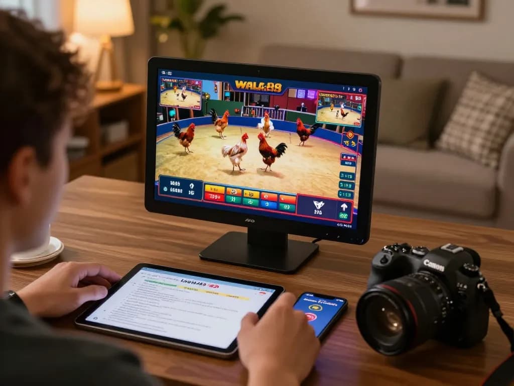 Betting live on WALA88 platform with high-resolution chicken fighting action displayed on tablet.