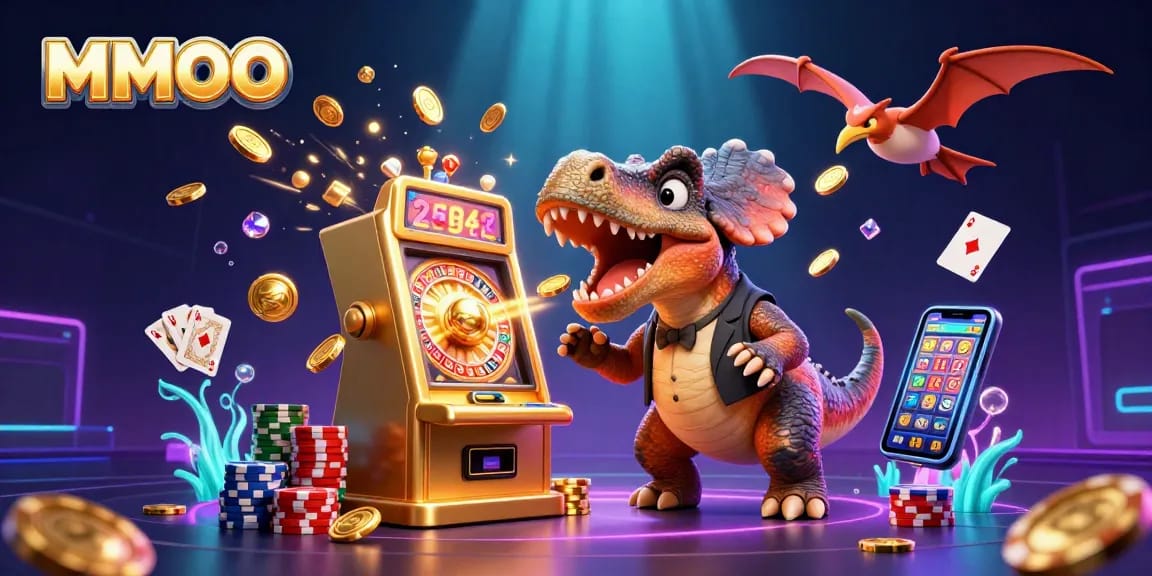 MMOO's dinosaur jackpots are high stakes in a vibrant fantasy casino scene.