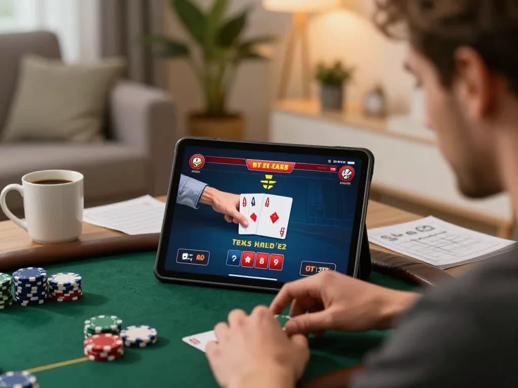 S666link player engaging in an intense Texas Hold'em game on tablet, showcasing strategies while comfortably at home