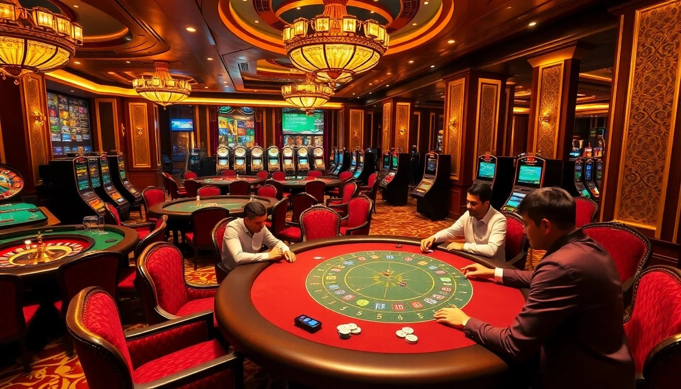 Players engaging at poker tables in a luxury casino atmosphere featuring lu88bb.com gaming elements.
