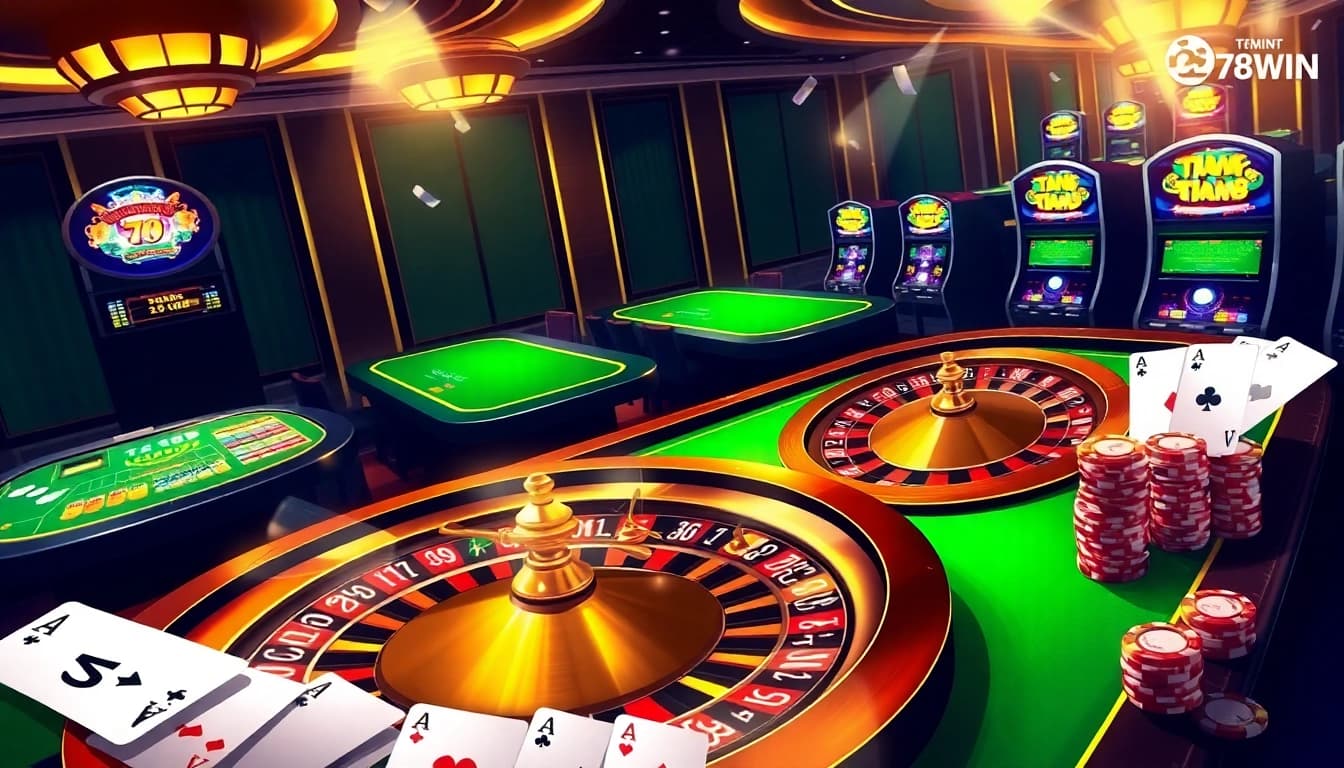 Exciting gameplay at Trang chủ 78Win with poker chips and roulette wheel in a luxurious casino setting.