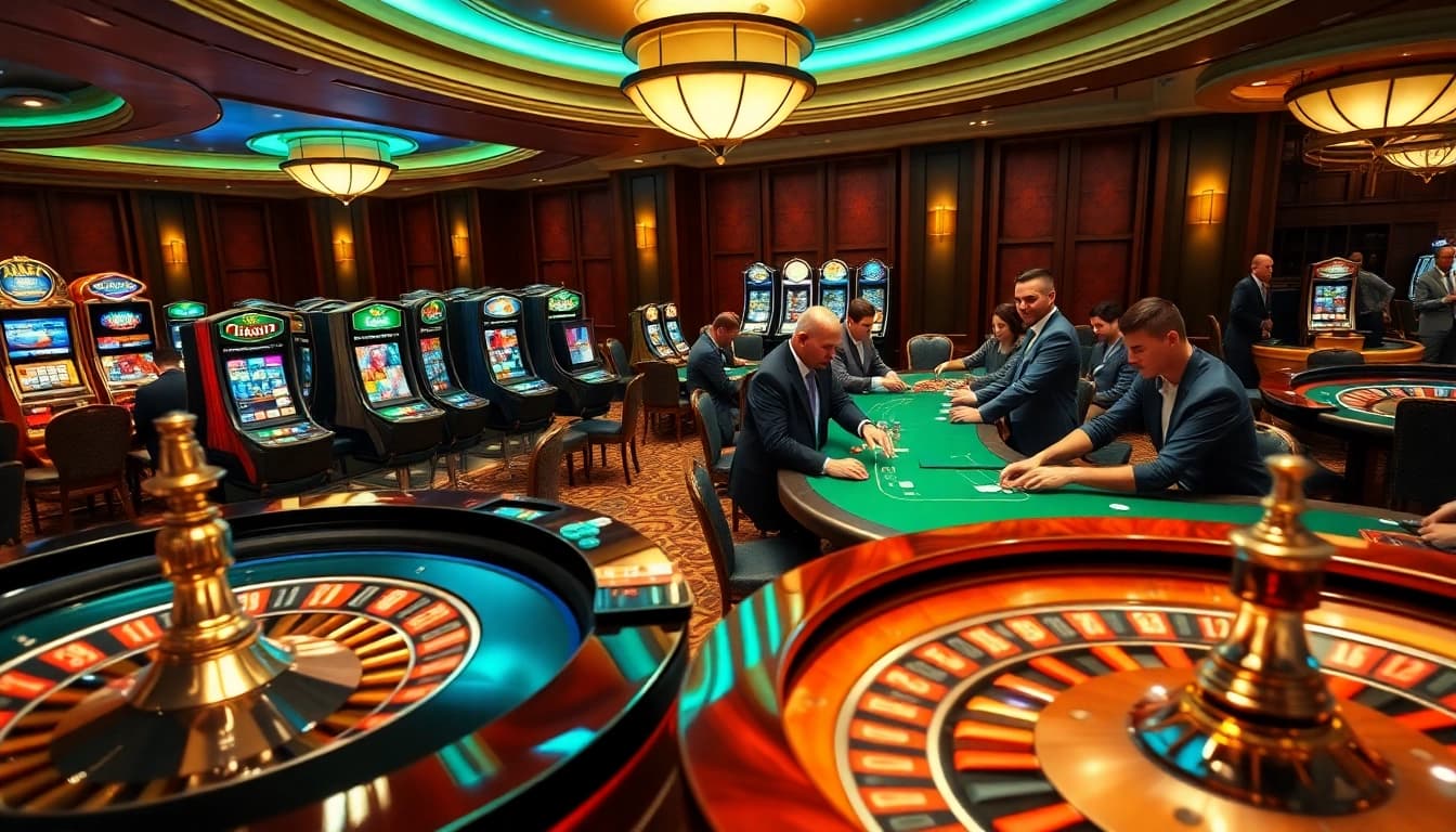 Experience thrilling gaming action at F168 Casino with vibrant poker tables and roulette.