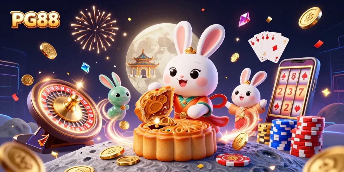 Engage in thrilling gameplay at PG88 with vibrant visuals of poker chips and golden mooncakes.