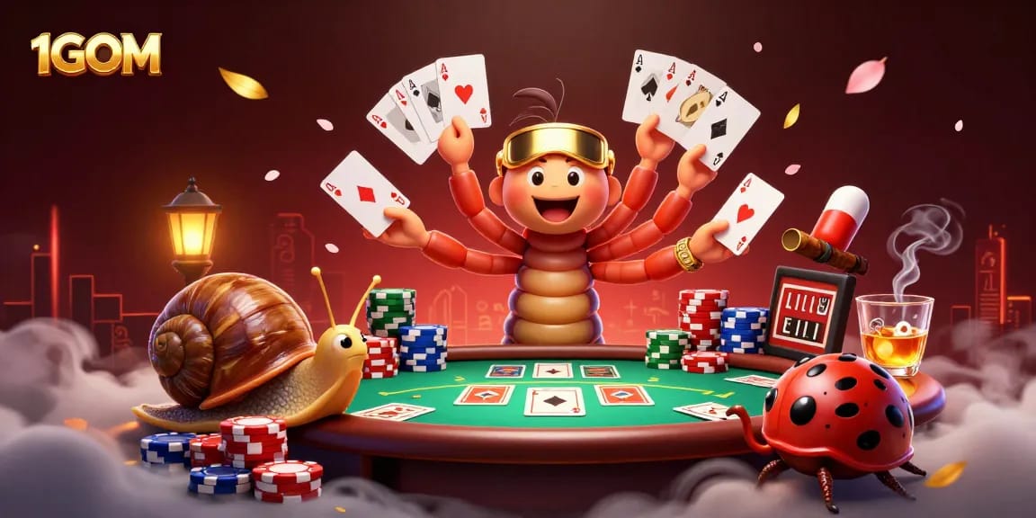 Experience thrilling action with 1GOM's immersive gaming characters at a vibrant poker table.