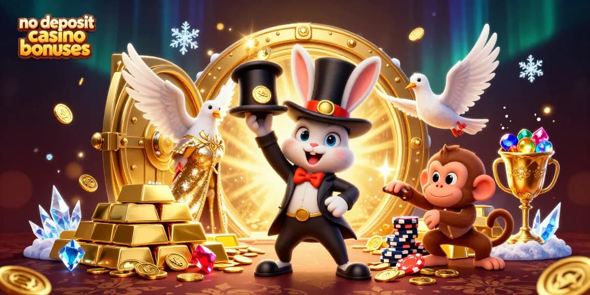 Experience thrilling no deposit casino bonuses with a 3D illustration of a magician rabbit, a dove, and a monkey amidst riches.