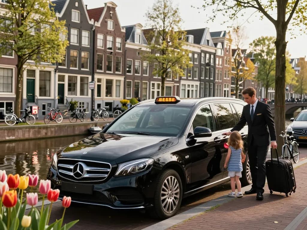 Taxi Amsterdam met een professionele chauffeur die een gezin helpt in een Mercedes op een levendige grachtenstraat.