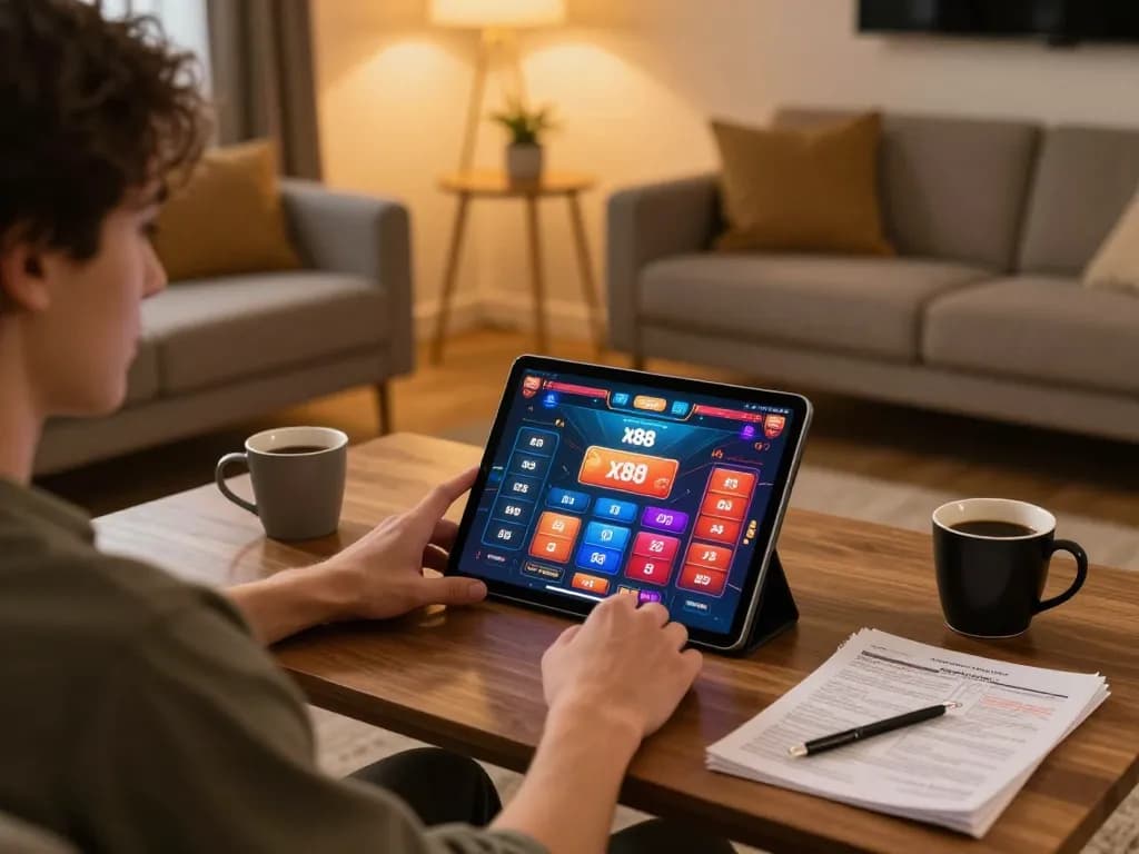 x88 gaming interface displayed on tablet while enjoying a cozy home setup.