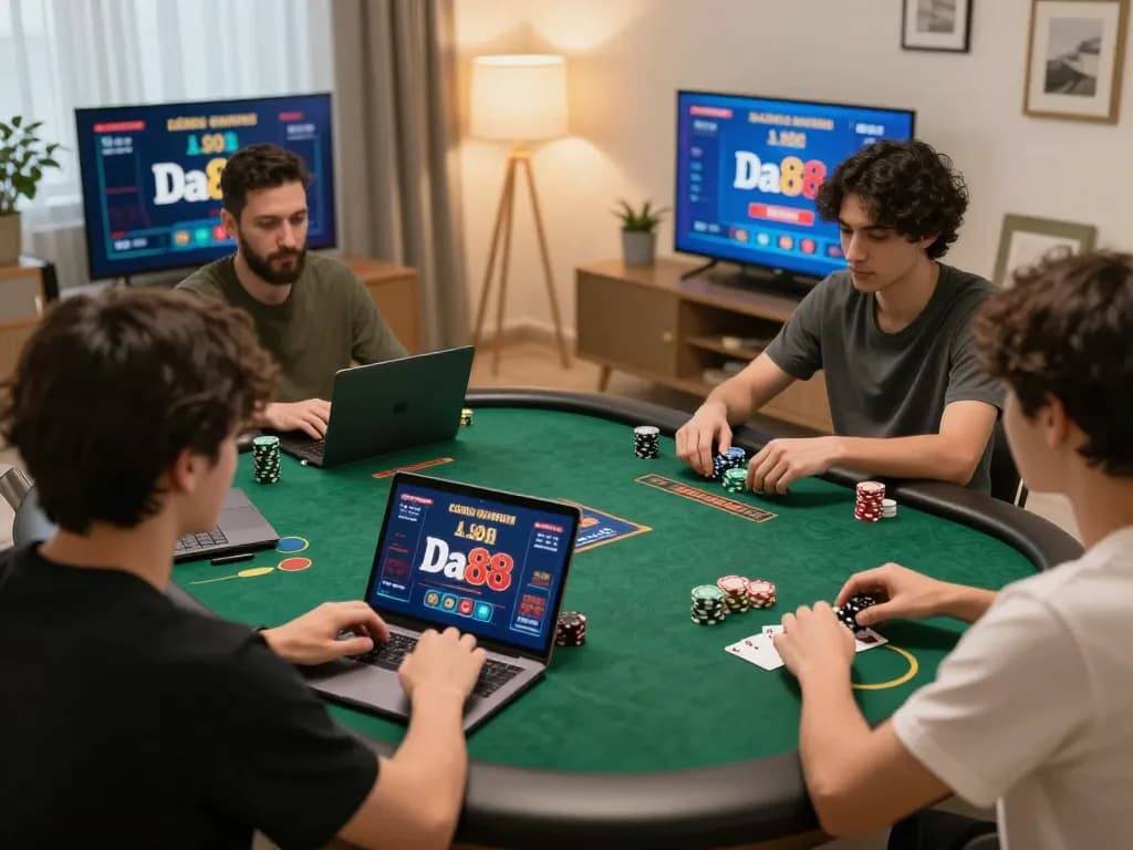 Cổng game Da88 players engaging strategically in a vibrant online gaming session at home.