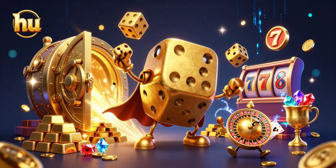 Experience exciting gameplay at hu with the vibrant scene of a golden dice golem and slot elements.