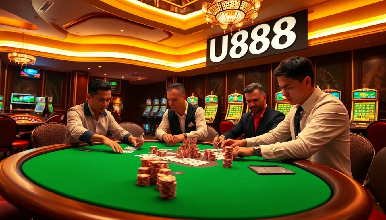 Players strategizing in a high-stakes poker game at U888 casino, surrounded by vibrant gambling elements.