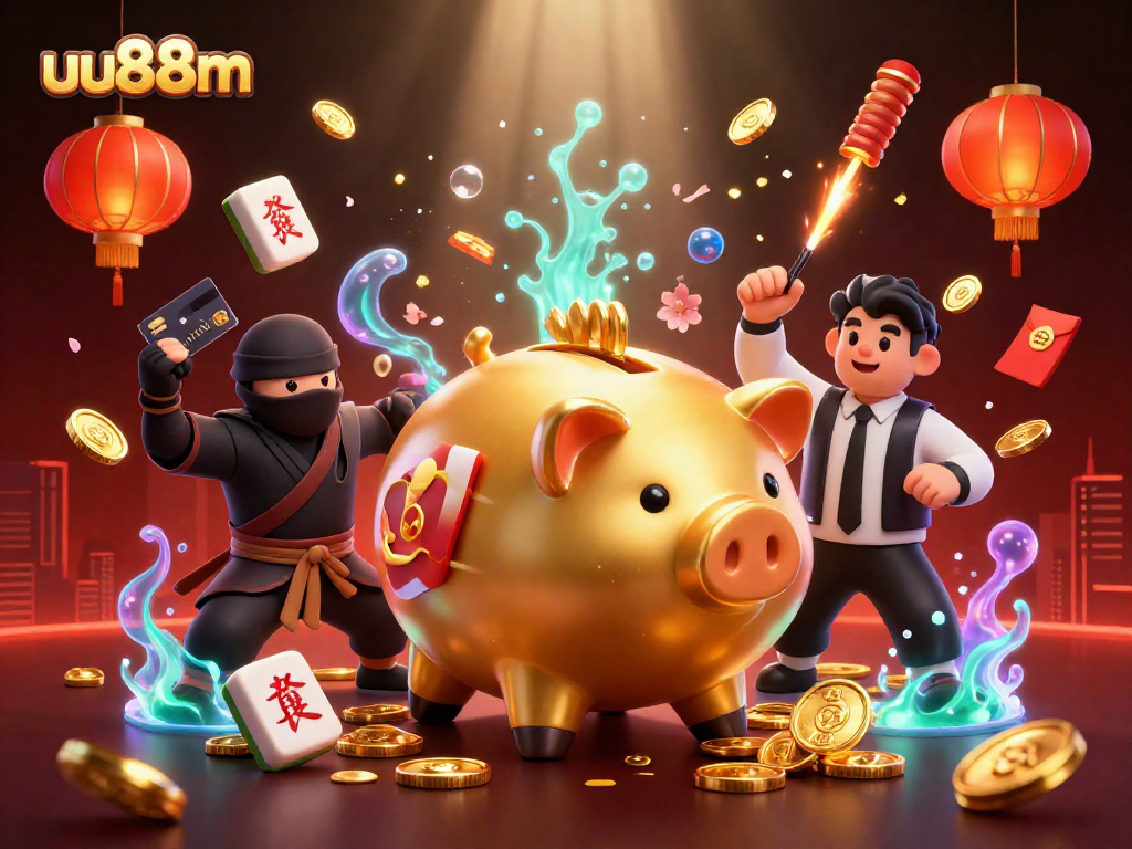 Watch uu88m's golden piggy bank sumo wrestler claim wealth while battling in a vivid online casino world.