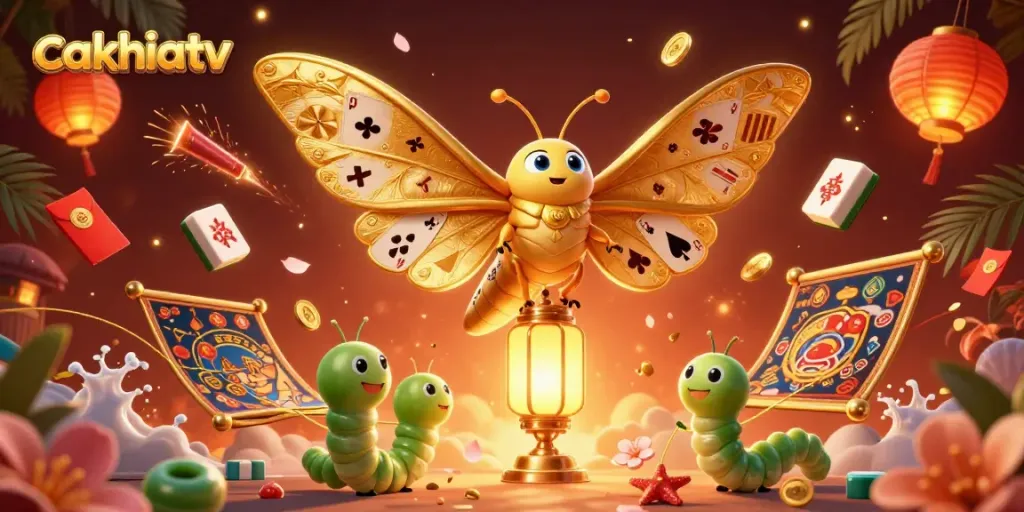 Cakhiatv entertains gamers with vibrant visuals of 3D gaming elements and golden wings in action.