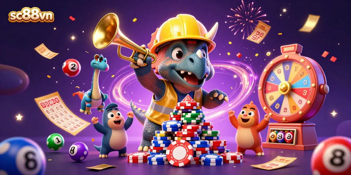 Experience fun and excitement at sc88vn, as a triceratops builds a poker chip pyramid amidst colorful lottery elements.