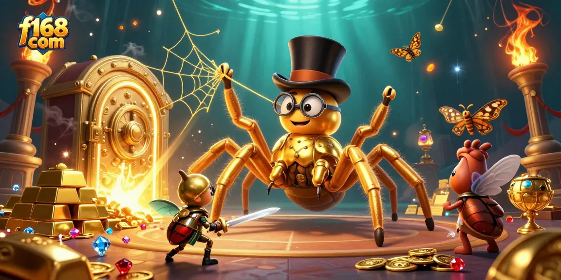 Spin the reels with f168 com's vibrant casino scene featuring adventurous characters and dazzling treasures.