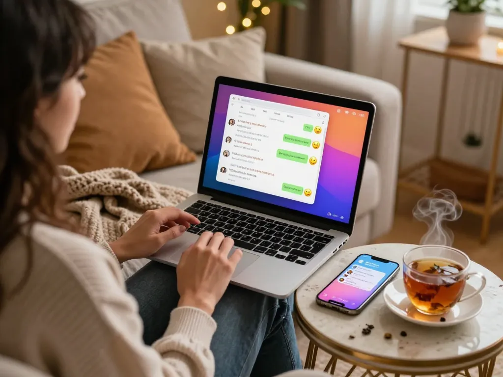 Engaging in lively sex chat on a laptop in a cozy living room.