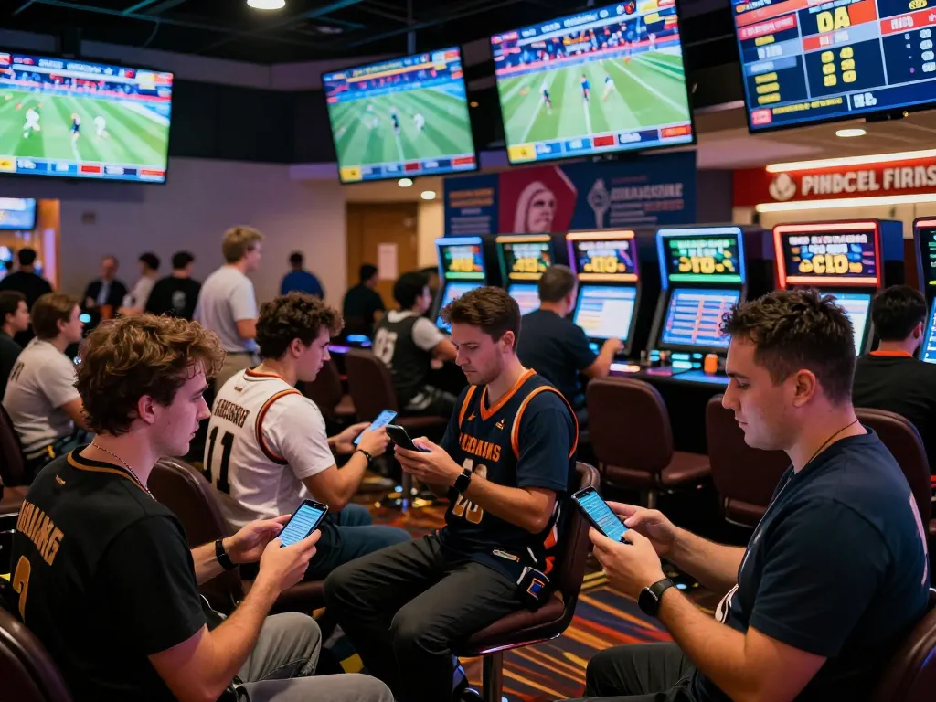 Sports bettors engaging in live betting on TX88 events in a vibrant casino environment.