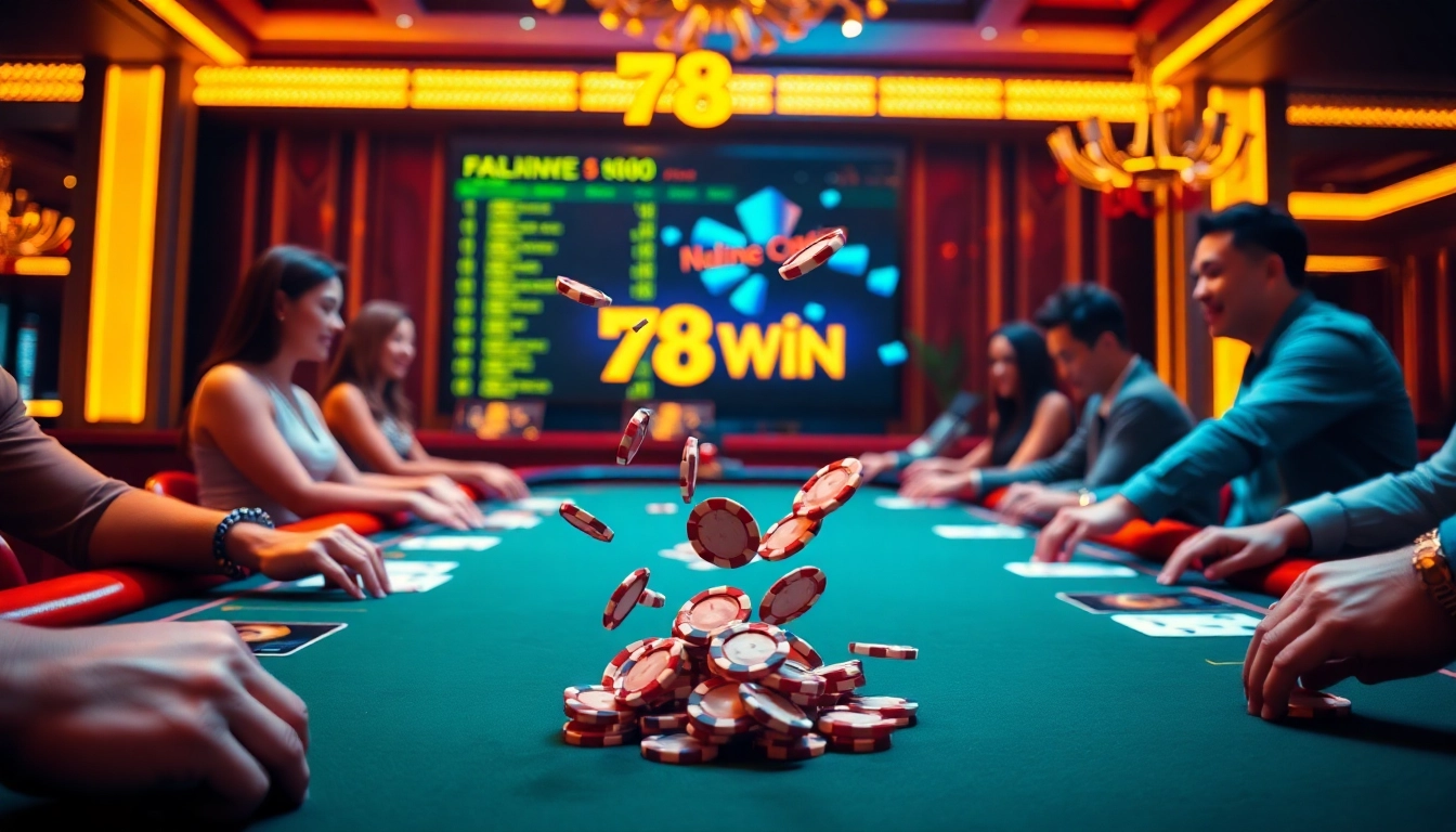 Exciting casino atmosphere with players betting at a table and the Link vào 78Win digital interface visible.