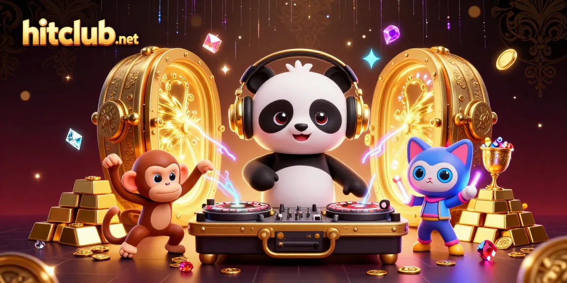 Hitclub-net showcases a dazzling online casino scene with vibrant characters and dynamic elements.