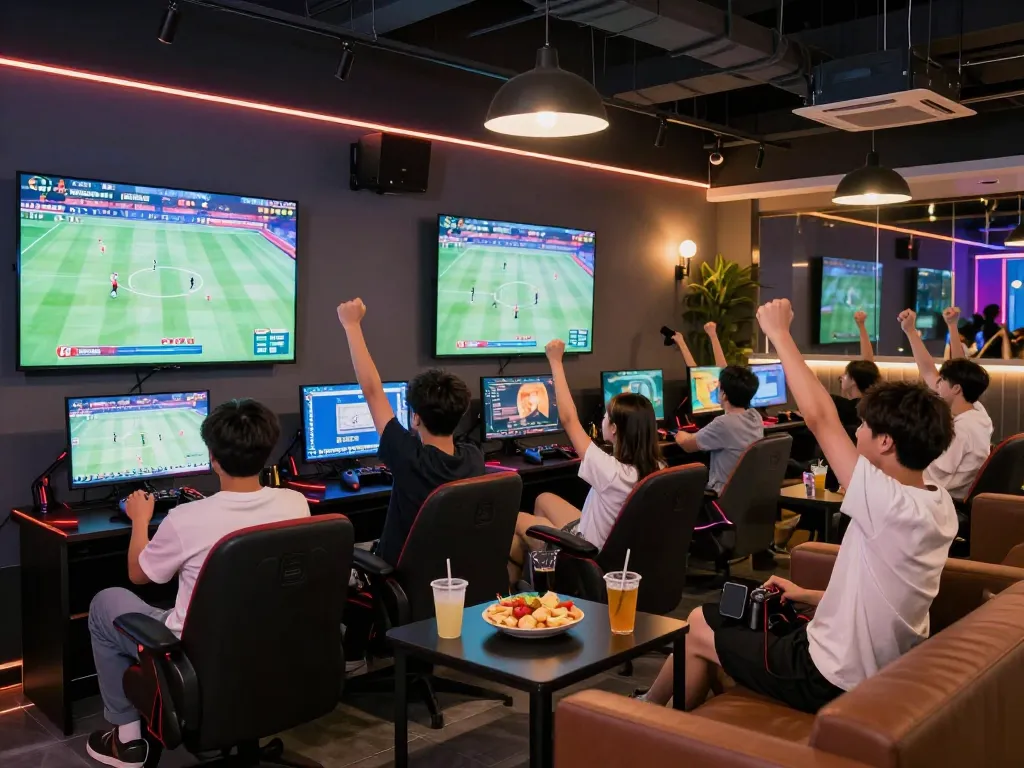 Group enjoying a lively gaming experience with Five88 sports betting screens illuminated in a vibrant lounge atmosphere.