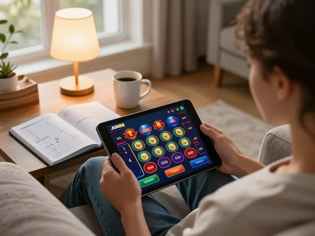 Person enjoying online casino gaming on Jun88 at home with tablet and strategy notes.