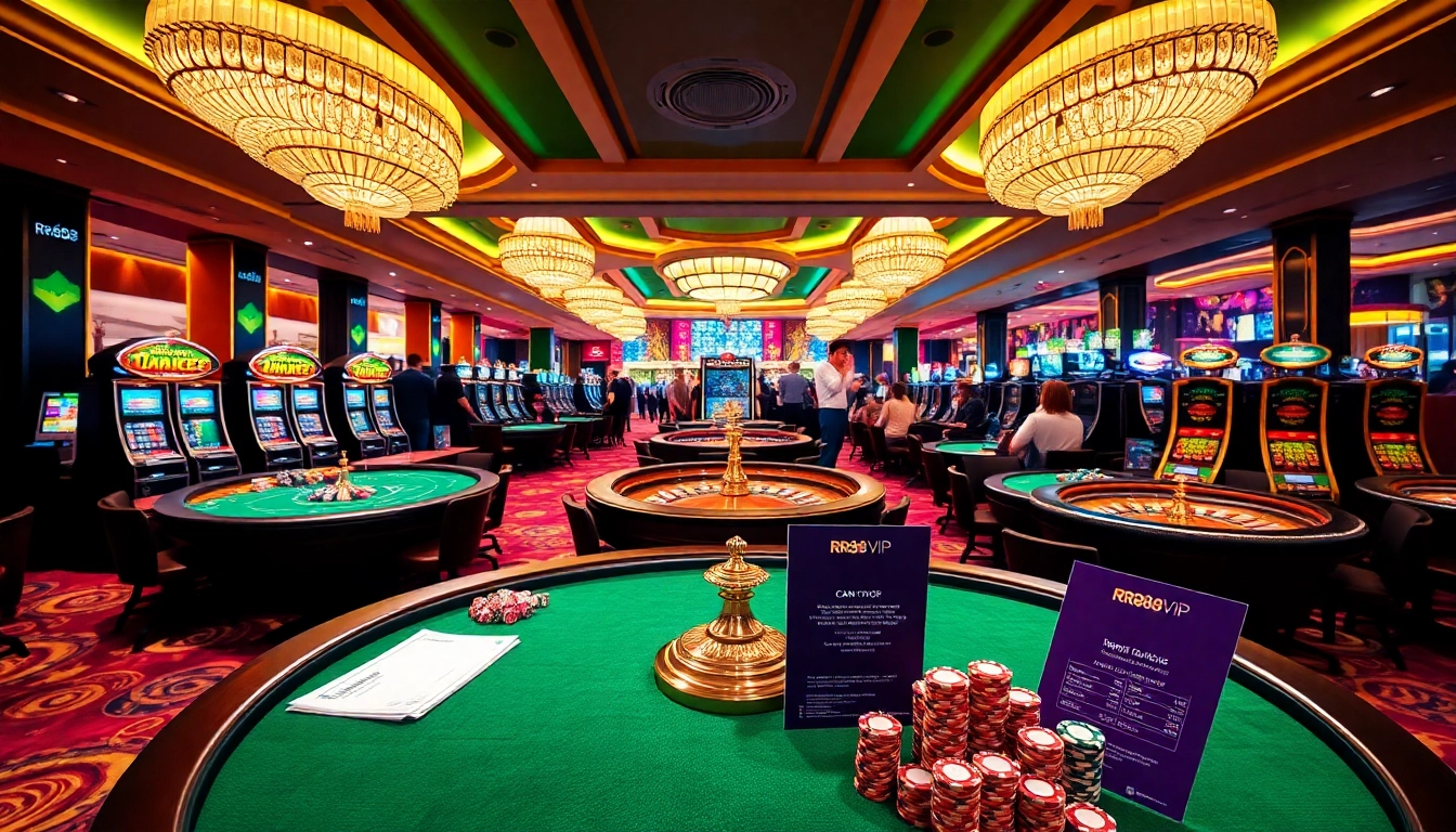 Experience the thrilling atmosphere in the rr88 vip casino, showcasing luxurious gaming tables and vibrant poker chips.