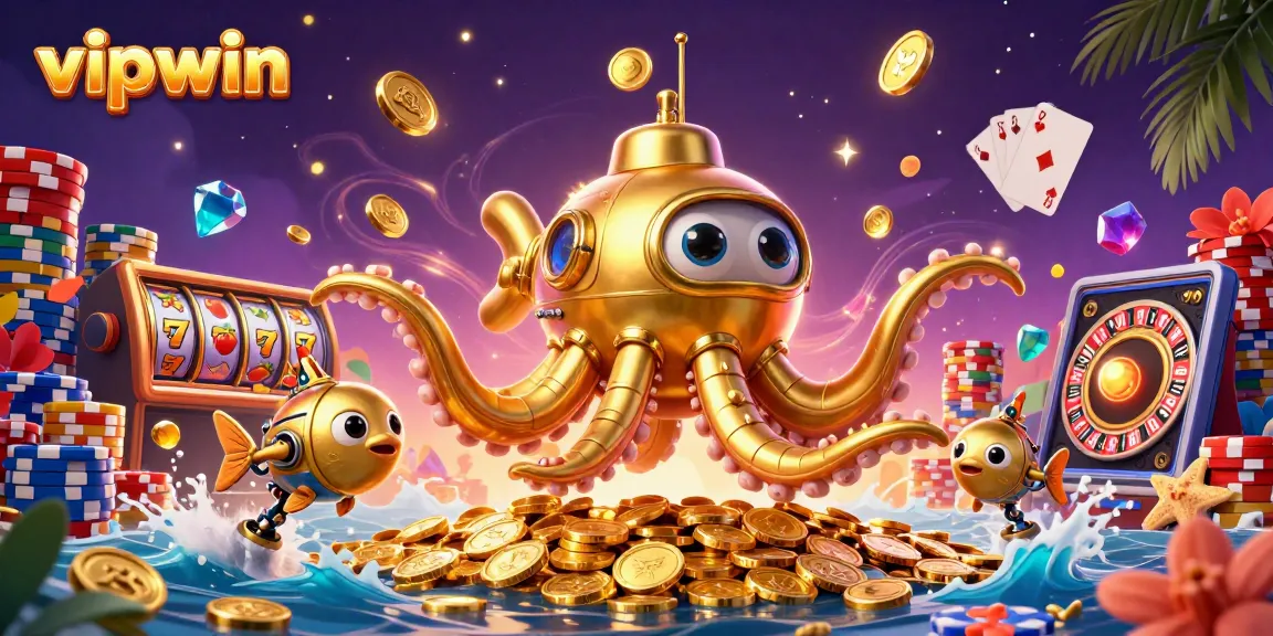 Experience thrilling action with vipwin's vibrant casino-themed illustration featuring golden kraken and exciting games.