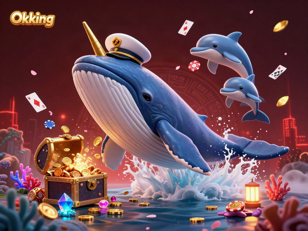 Experience the thrill of Okking with a playful scene featuring a whale and dolphins amidst treasure in a vibrant casino.