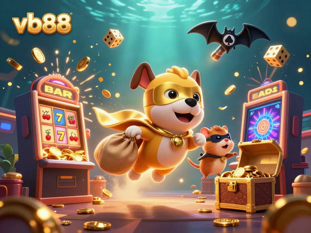 Experience thrilling jackpots with vb88 as a superhero dog and hamster soar amidst wild casino symbols.