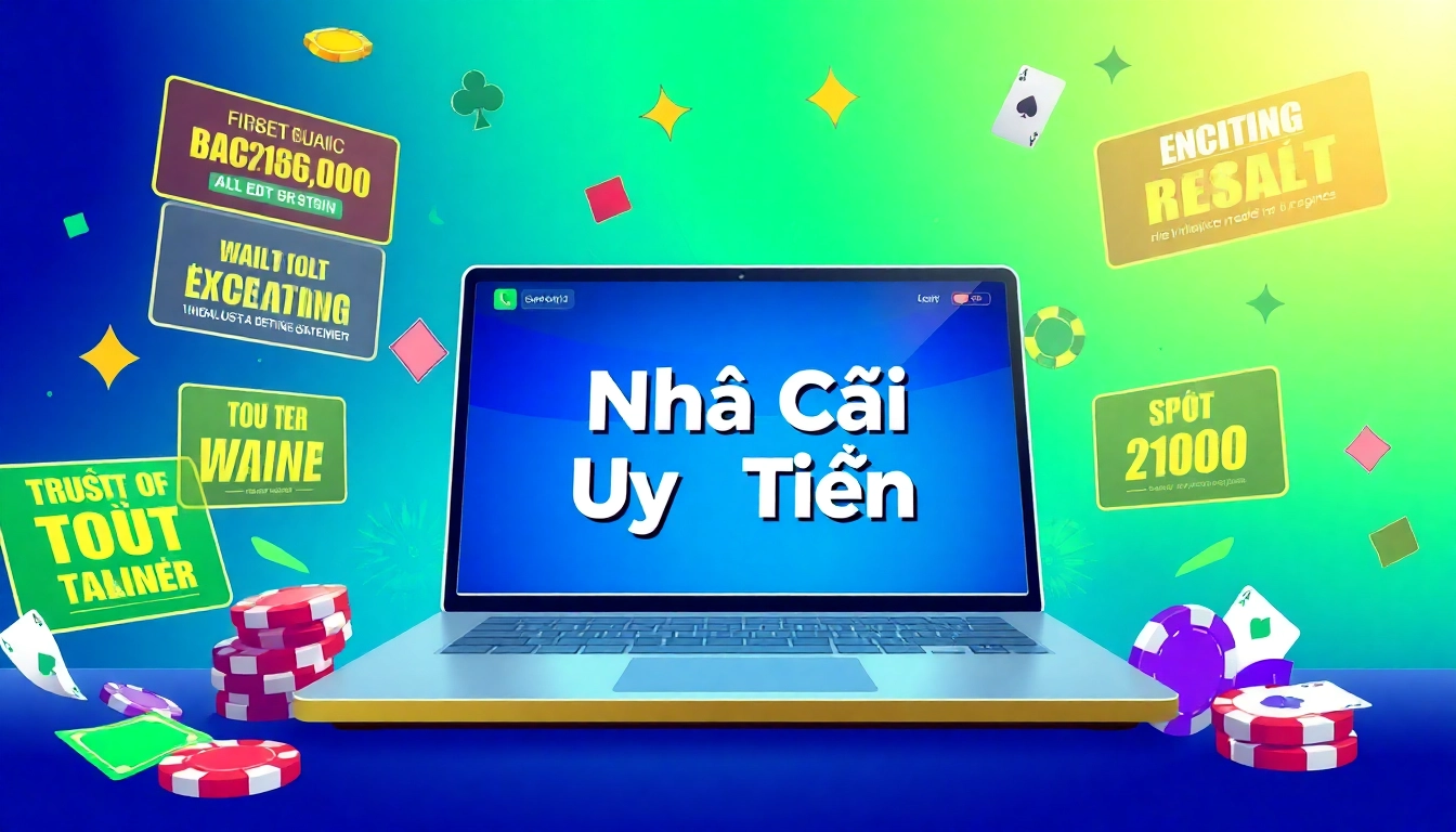 Exciting scene featuring a laptop showing nhà cái uy tín with colorful promotions and gambling elements.