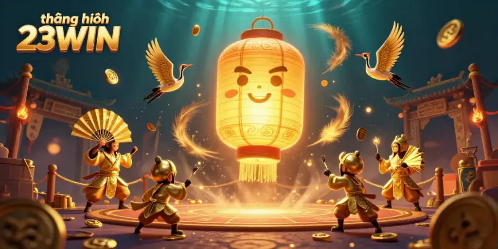 Engage with the thrilling atmosphere of thương hiệu 23WIN at a vibrant online casino, showcasing a legendary lantern spirit in action.