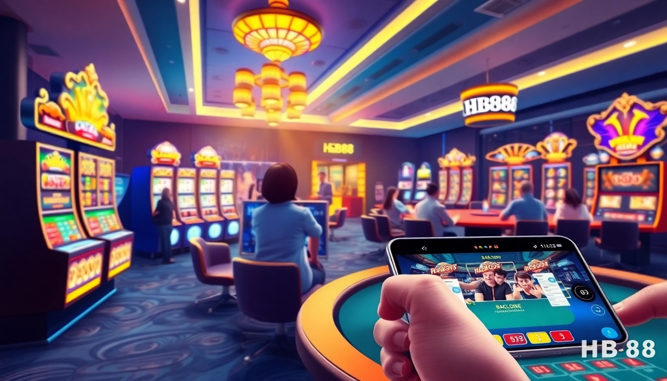 Vibrant online casino atmosphere with HB88 branding showcasing live gaming and slot machines.