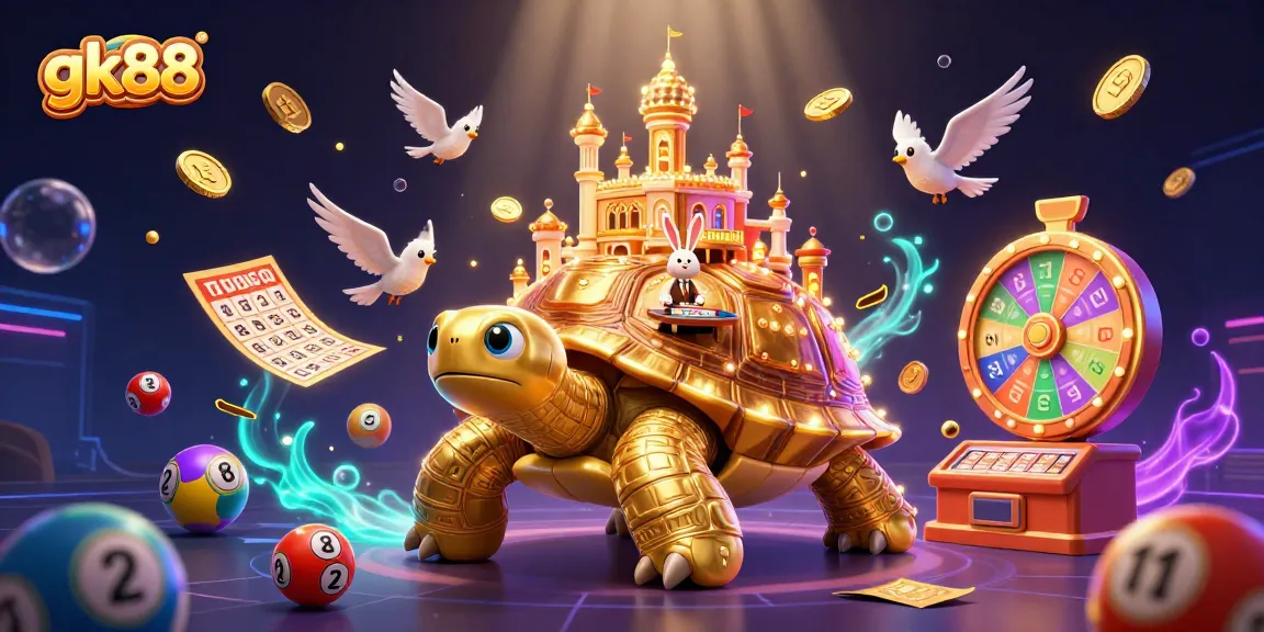 Engage with gk88, a vibrant 3D illustration featuring a golden tortoise casino with dynamic lottery elements.