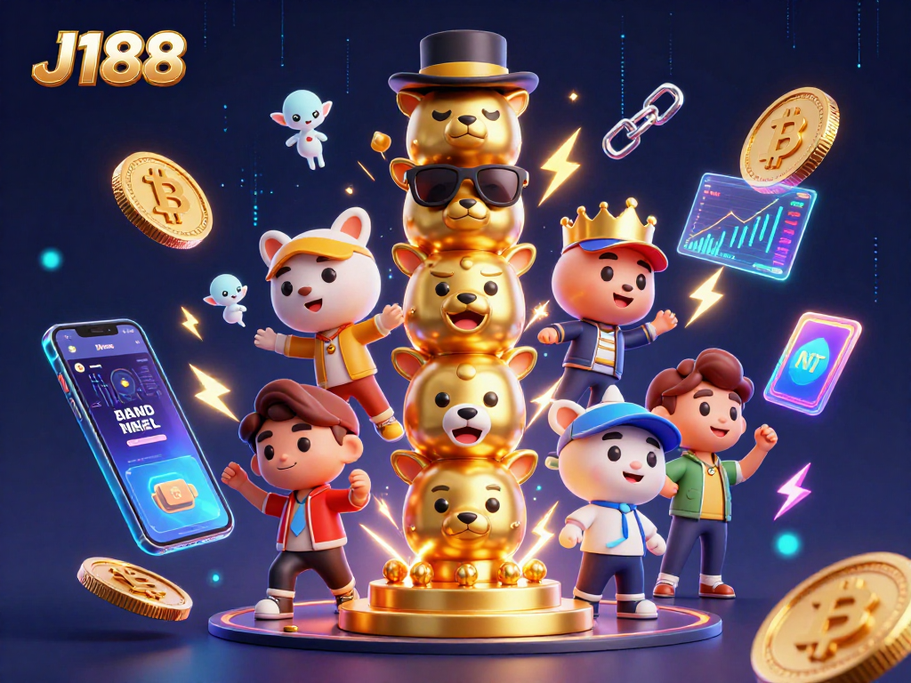 Experience thrilling excitement at J188 with a vibrant golden totem and dazzling cryptocurrency elements.