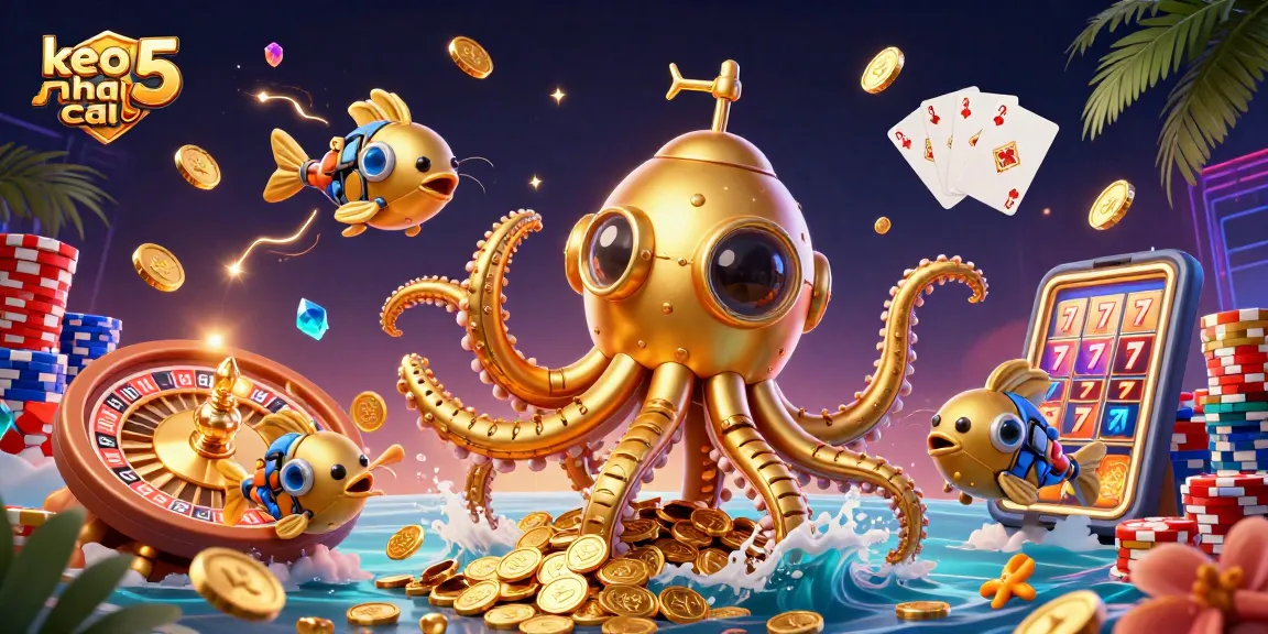 Engage with keo nha cai 5 while witnessing a golden kraken submarine amidst sparkling casino elements.