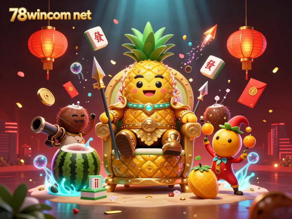 Win big with excitement at 78wincom net's vibrant casino scene showcasing a golden pineapple king and dynamic gaming elements.