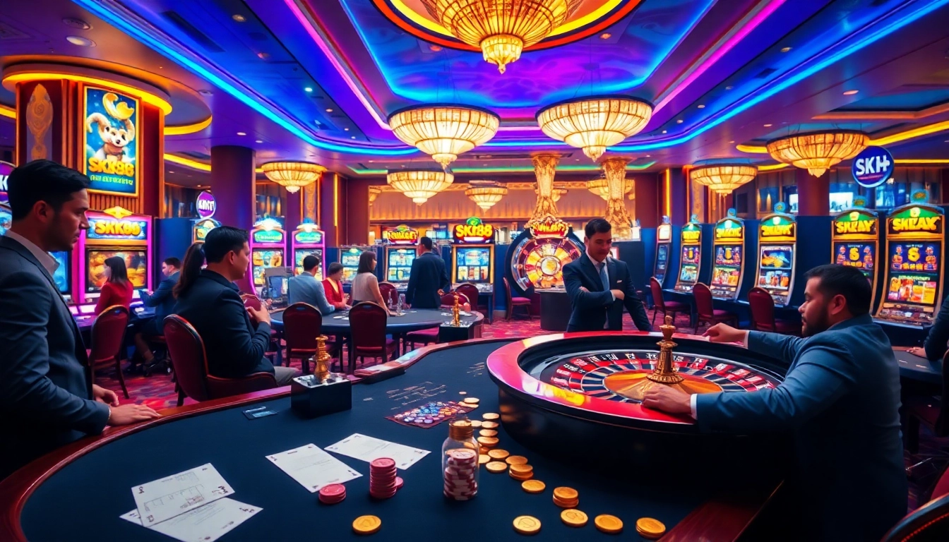 Exciting gaming scene at SKY88 casino with vibrant tables and roulette wheel.