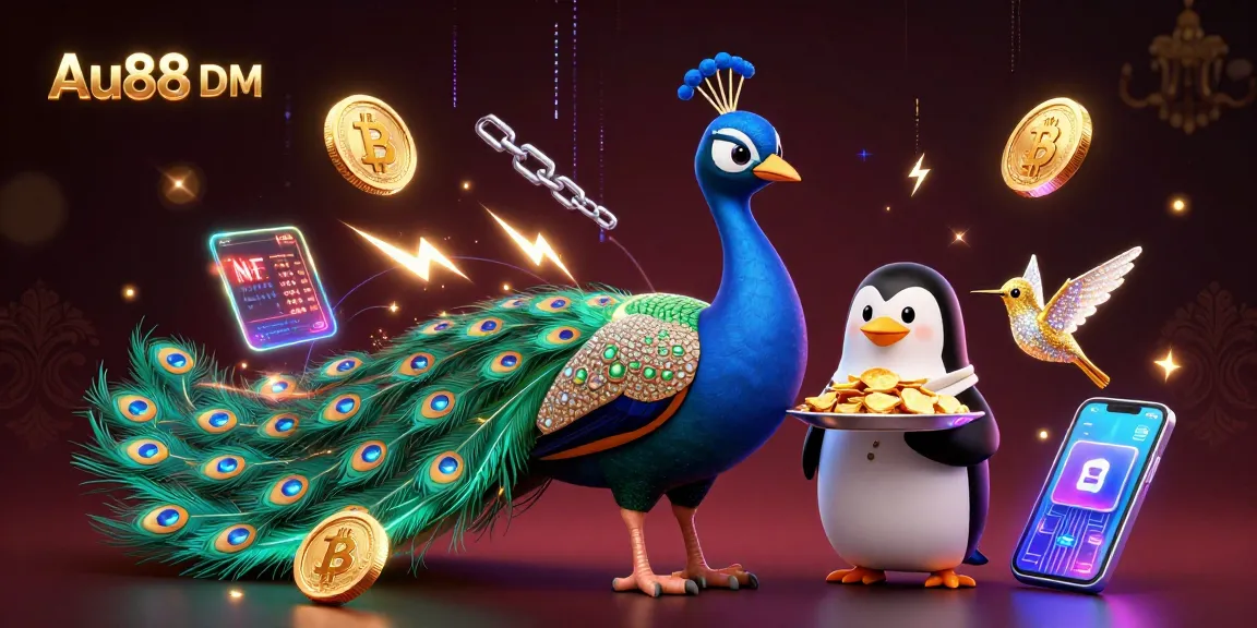 Engage with Au88 DM by immersing in vibrant casino artwork featuring a peacock and penguin.