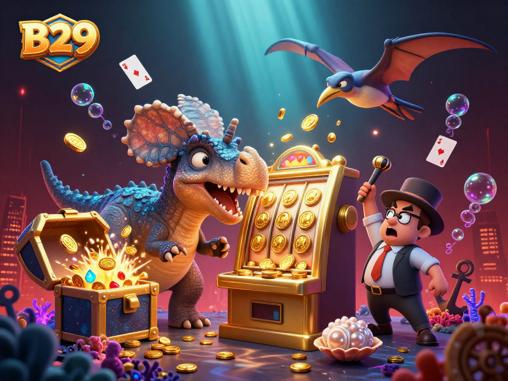 B29 casino illustration with a dinosaur interacting with a slot machine, showcasing jackpot excitement.